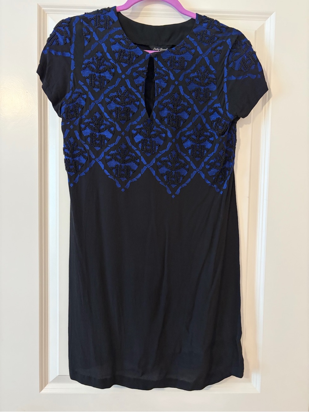 Lucky Brand Black Short Sleeve Mini Dress with Blue Beaded Lattice Design